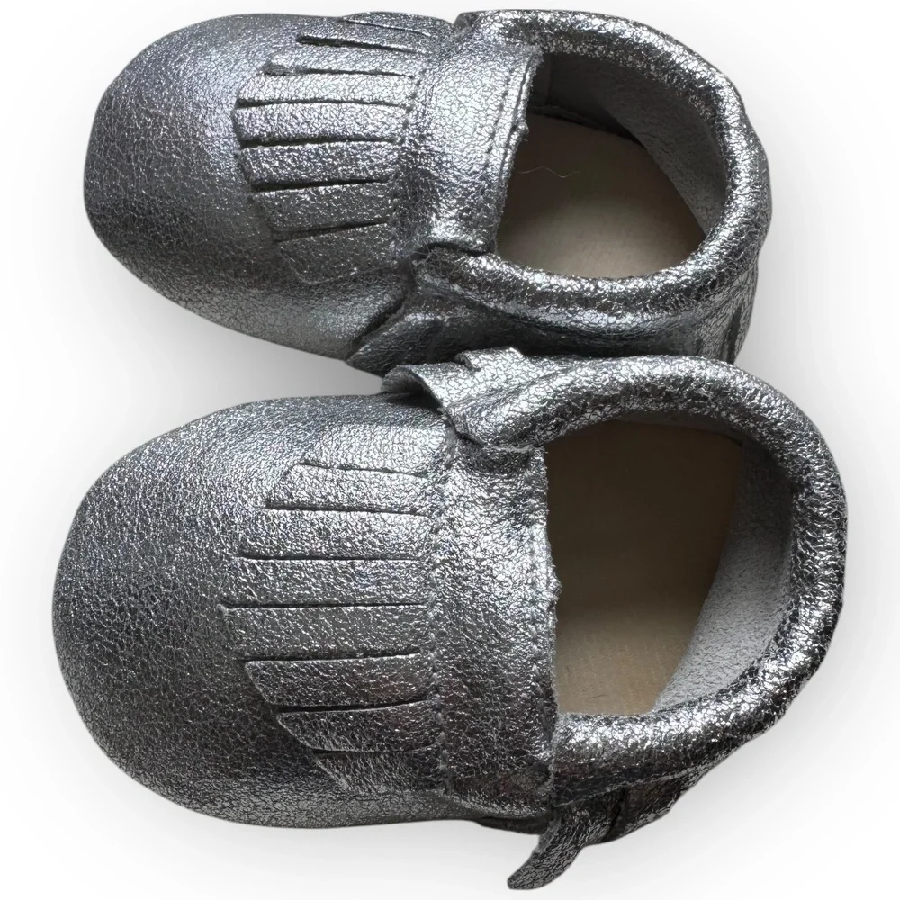 NWT Silver Genuine Leather Baby Moccasins - 6-12 Months